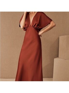 Anthropologie BHLDN Satin long Dress in Rust